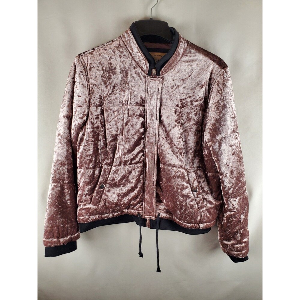 Vintage Ci Sono Crushed Pink Silver Velvet Bomber Jacket Womens Sz L Rib Trim
